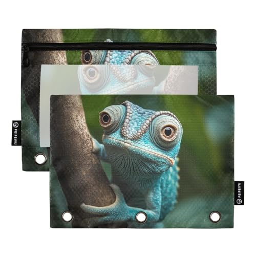 Fustylead Federmäppchen mit niedlichem Chamäleon im Wald, passend für Standard-3-Ringbinder, Reißverschluss-Bleistifttasche mit transparentem Fenster, für Büro, Schule, Kosmetik, 2 Stück, grün von Fustylead
