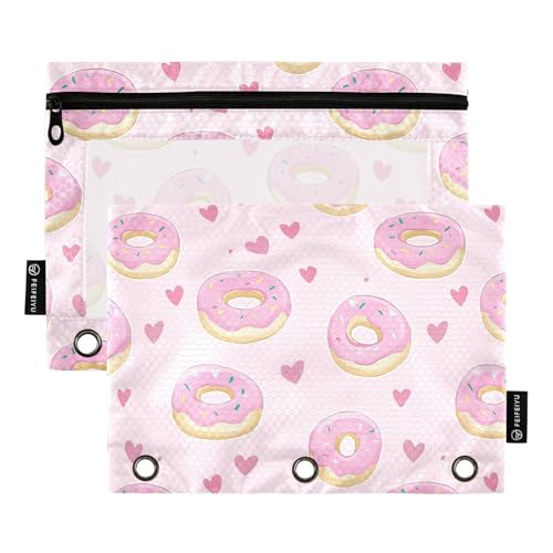 Fustylead Federmäppchen mit niedlichem Donuts mit Zuckerguss und Herzen, mit transparentem Fenster für 3-Ring-Ordner, Reißverschluss-Federmäppchen, Kosmetiktaschen für Schule, Büro, Kosmetik von Fustylead