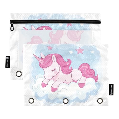 Fustylead Federmäppchen mit niedlichem Einhorn, schlafend auf Wolke, passend für Standard-3-Ring-Ordner, Reißverschluss-Bleistifttasche mit transparentem Fenster für Büro, Schule, Kosmetik, 2 Stück von Fustylead