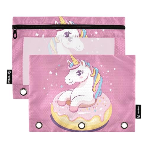 Fustylead Federmäppchen mit niedlichem Einhorn auf Donut, passend für Standard-3-Ring-Ordner, Reißverschluss-Bleistifttasche mit transparentem Fenster für Büro, Schule, Kosmetik, 2 Stück, rose von Fustylead