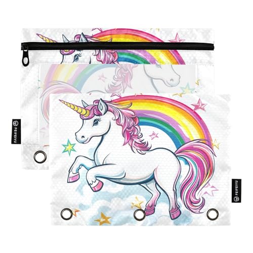 Fustylead Federmäppchen mit niedlichem Einhorn mit Regenbogen und Sternen, für 3 Ringe, Federmäppchen mit Reißverschluss, transparentes Fenster für Schule, Büro, Kosmetik, Studenten, Zubehör, 2 Stück von Fustylead