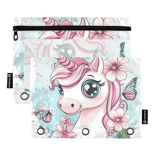 Fustylead Federmäppchen mit niedlichem Einhorn mit großen Augen und Blume, Schmetterling, passend für Standard-3-Ring-Ordner, Reißverschluss-Bleistifttasche mit transparentem Fenster für Büro, Schule von Fustylead