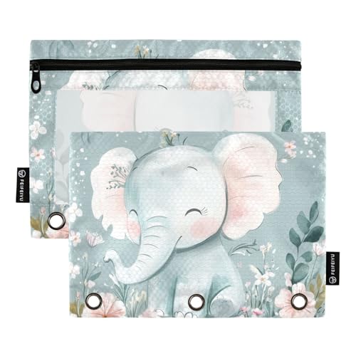 Fustylead Federmäppchen mit niedlichem Elefant und Blume, großes Fassungsvermögen, passend für 3-Ringbinder, wasserdichtes Federmäppchen mit transparentem Fenster für Schule, Kosmetik, Büro, Studenten von Fustylead