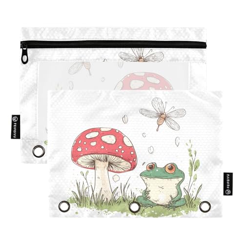 Fustylead Federmäppchen mit niedlichem Frosch und roter Pilzfliege, großes Fassungsvermögen, passend für 3-Ringbinder, wasserdichtes Federmäppchen mit transparentem Fenster für Schule, Kosmetik, Büro von Fustylead