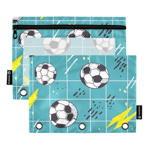 Fustylead Federmäppchen mit niedlichem Fußball- und Blitzschild, für 3 Ringe, Federmäppchen mit Reißverschluss, transparentes Fenster, für Schule, Büro, Kosmetik, Studenten, 2 Stück, blau von Fustylead