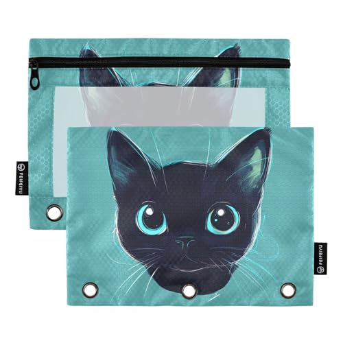Fustylead Federmäppchen mit niedlichem Katzenkopf-Design, passend für Standard-3-Ringbinder, Reißverschluss-Bleistifttasche mit transparentem Fenster, für Büro, Schule, Kosmetik, 2 Stück, türkis von Fustylead