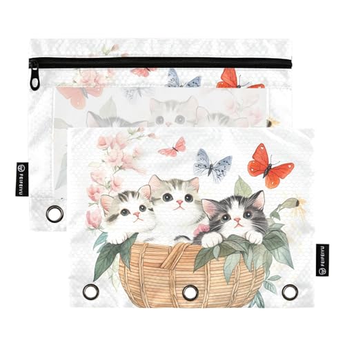 Fustylead Federmäppchen mit niedlichem Katzenkorb, umgeben von Blumen, für 3 Ringe, Federmäppchen mit Reißverschluss, transparentes Fenster, für Schule, Büro, Kosmetik, Studenten, 2 Stück, weiß von Fustylead