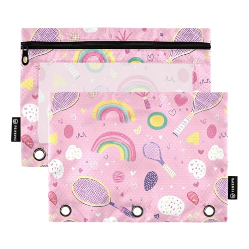 Fustylead Federmäppchen mit niedlichem Kritzelei-Design, Regenbogen-Blume, für 3 Ringe, Bleistifttaschen mit Reißverschluss, transparentes Fenster, für Schule, Büro, Kosmetik, Studenten, Zubehör, 2 von Fustylead
