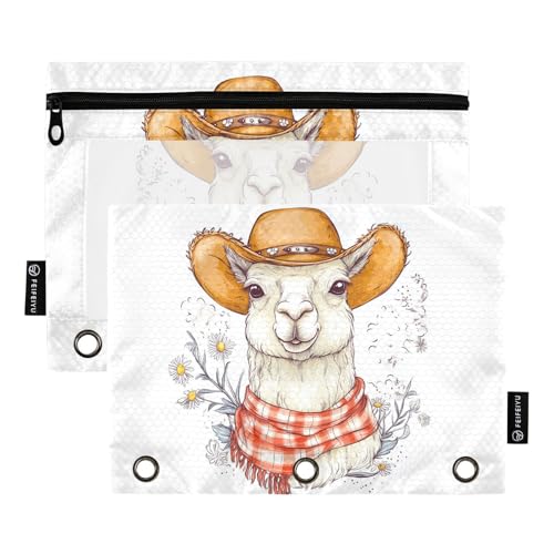 Fustylead Federmäppchen mit niedlichem Lama-Motiv in Cowboyhut und Gänseblümchen, für 3 Ringe, Bleistiftbeutel mit Reißverschluss, transparentes Fenster, für Schule, Büro, Kosmetik, Studenten, Zubehör von Fustylead