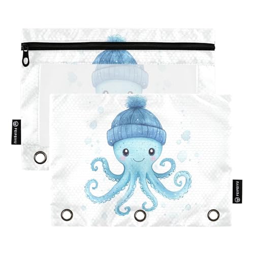 Fustylead Federmäppchen mit niedlichem Oktopus, mit Wintermützen, für 3 Ringe, Bleistiftbeutel mit Reißverschluss, transparentes Fenster, für Schule, Büro, Kosmetik, Studenten, Zubehör, 2 Stück, weiß von Fustylead