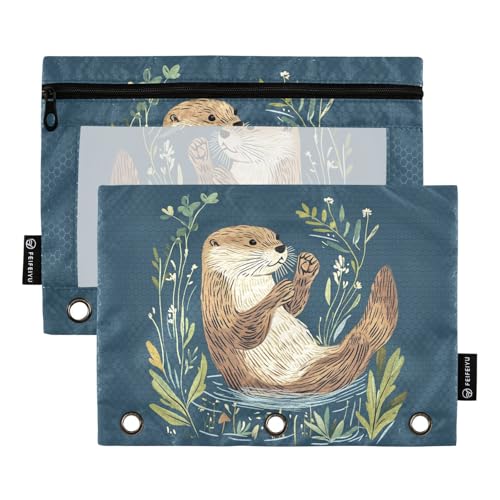 Fustylead Federmäppchen mit niedlichem Otter und Pflanzen im Wasser, große Kapazität, passend für 3-Ringbinder, wasserdichtes Federmäppchen mit transparentem Fenster für Schule, Kosmetik, Büro von Fustylead