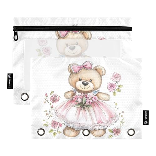 Fustylead Federmäppchen mit niedlichem Prinzessinnen-Bär mit Blume, passend für Standard-3-Ringbinder, Reißverschluss-Bleistifttasche mit transparentem Fenster für Büro, Schule, Kosmetik, 2 Stück von Fustylead