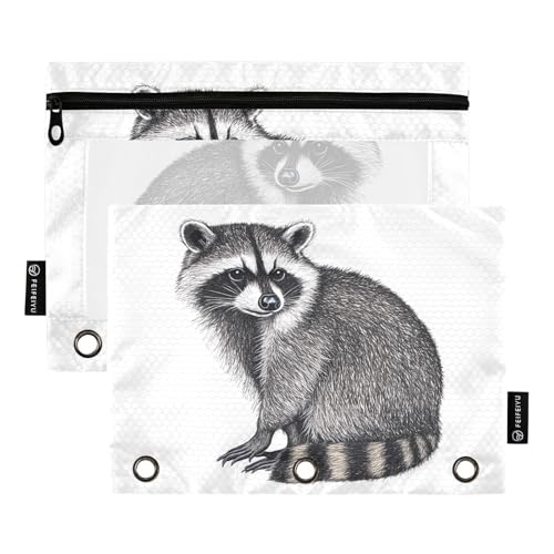 Fustylead Federmäppchen mit niedlichem Waschbär-Design für 3-Ringbinder, Reißverschlusstasche mit transparentem Fenster, Federmäppchen für Zuhause, Büro, Schule, Kinder, Lieferanten, 2 Stück, weiß von Fustylead