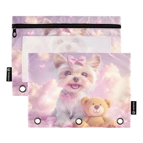 Fustylead Federmäppchen mit niedlichem Yorkshire Terrier mit Schleife und Bär, passend für Standard-3-Ringbinder, Reißverschluss-Bleistifttasche mit transparentem Fenster, für Büro, Schule, Kosmetik von Fustylead