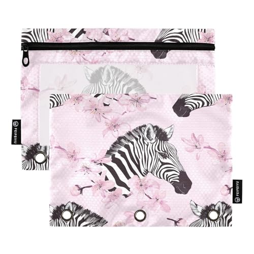 Fustylead Federmäppchen mit niedlichem Zebra und rosa Kirschblüten, passend für Standard-3-Ringbinder, Reißverschluss-Bleistifttasche mit transparentem Fenster für Büro, Schule, Kosmetik, 2 Stück von Fustylead