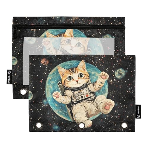 Fustylead Federmäppchen mit niedlicher Katze, die Raumanzüge im Weltraum trägt, passend für Standard-3-Ring-Ordner, Reißverschluss-Bleistifttasche mit transparentem Fenster für Büro, Schule, Kosmetik von Fustylead