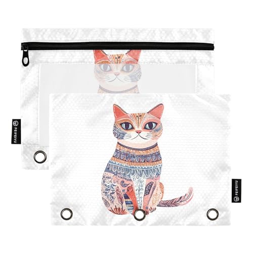 Fustylead Federmäppchen mit niedlicher Katze, ethnischer Dekoration, großes Fassungsvermögen, passend für 3-Ringbinder, wasserdichtes Federmäppchen mit transparentem Fenster für Schule, Kosmetik, Büro von Fustylead