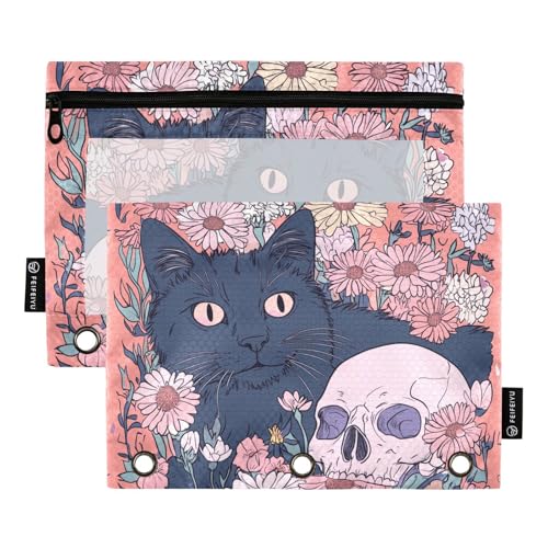 Fustylead Federmäppchen mit niedlicher Katze und Totenkopf, die im Blumenfeld liegen, passend für Standard-3-Ring-Ordner, Reißverschluss-Bleistifttasche mit transparentem Fenster, für Büro, Schule von Fustylead