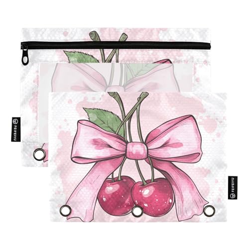 Fustylead Federmäppchen mit niedlicher Kirschfrucht mit rosa Schleife, für 3 Ringe, Bleistiftbeutel mit Reißverschluss, transparentes Fenster, für Schule, Büro, Kosmetik, Studenten, Zubehör, 2 Stück von Fustylead