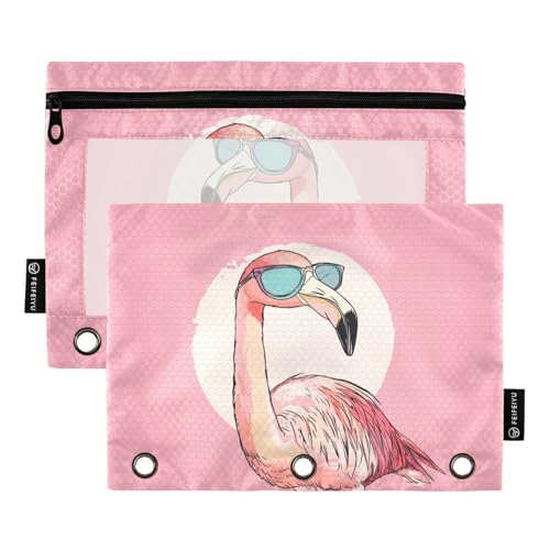 Fustylead Federmäppchen mit pinkem Flamingo, mit Sonnenbrille, Federmäppchen für 3 Ringe, Federmäppchen mit Reißverschluss, transparentes Fenster, für Schule, Büro, Kosmetik, Studenten, Zubehör, 2 von Fustylead