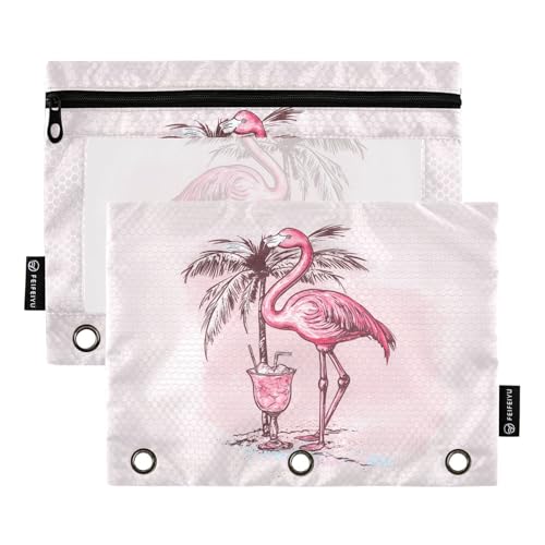 Fustylead Federmäppchen mit pinkem Flamingo mit Palme und Cocktail, für 3 Ringe, Bleistiftbeutel mit Reißverschluss, transparentes Fenster, für Schule, Büro, Kosmetik, Studenten, Zubehör, 2 Stück von Fustylead
