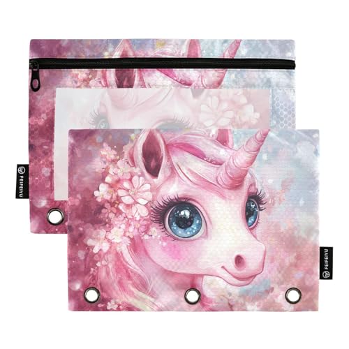 Fustylead Federmäppchen mit rosa Einhorn mit großen Augen und Blume, Schmetterling, passend für Standard-3-Ringbinder, Reißverschluss-Bleistifttasche mit transparentem Fenster, für Büro, Schule von Fustylead