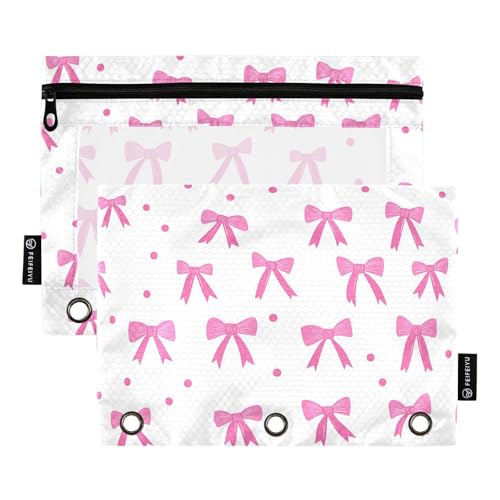 Fustylead Federmäppchen mit rosa Schleife und Punkten, 2 Stück, für 3-Ring-Ordner, große Kapazität, Binder-Bleistifttasche mit transparentem Fenster, für Schule, Büro, Kosmetik, Kinderbedarf, weiß von Fustylead