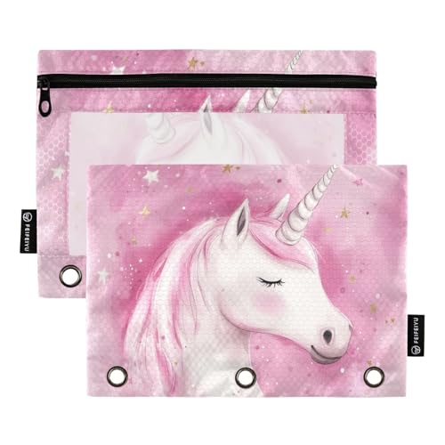 Fustylead Federmäppchen mit schönem Einhorn mit rosa Mähne und Sternen, für 3 Ringe, Bleistiftbeutel mit Reißverschluss, transparentes Fenster, für Schule, Büro, Kosmetik, Studenten, Zubehör, 2 Stück von Fustylead