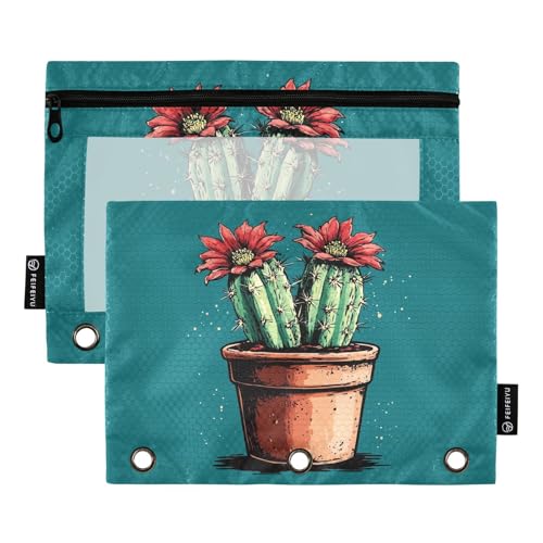 Fustylead Federmäppchen mit schönem Kaktusblüten-Blumen-Design, mit transparentem Fenster für 3-Ringbinder, Reißverschluss-Federmäppchen, Kosmetiktaschen für Schule, Büro, Kosmetik, Studenten, Zubehör von Fustylead