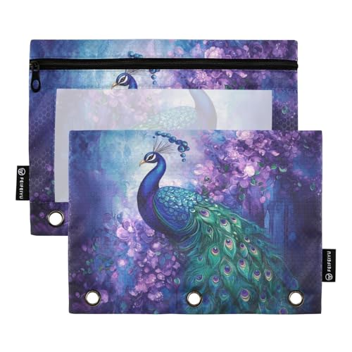 Fustylead Federmäppchen mit schönem Pfau auf violetter Blume, passend für Standard-3-Ring-Ordner, Reißverschluss-Bleistifttasche mit transparentem Fenster für Büro, Schule, Kosmetik, 2 Stück, blau von Fustylead