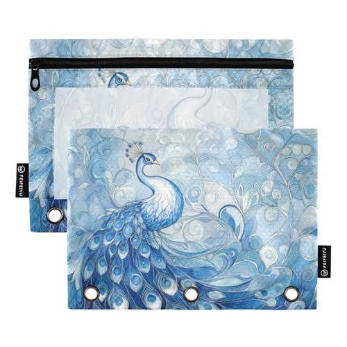 Fustylead Federmäppchen mit schönem Pfau in blau-weißen Farben für 3-Ringbinder, Reißverschlusstasche mit transparentem Fenster, Federmäppchen für Zuhause, Büro, Schule, Kinder, Lieferanten, 2 Stück von Fustylead