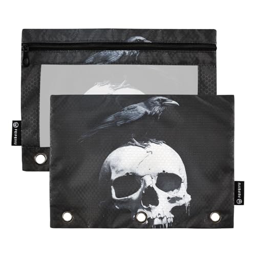 Fustylead Federmäppchen mit schwarzer Krähe auf weißem Totenkopf, passend für Standard-3-Ring-Ordner, Reißverschluss-Bleistifttasche mit transparentem Fenster für Büro, Schule, Kosmetik, 2 Stück Fustylead Federmäppchen mit schwarzer Krähe auf weißem Totenkopf, passend für Standard-3-Ring-Ordner, Reißverschluss-Bleistifttasche mit transparentem Fenster für Büro, Schule, Kosmetik, 2 Stück von Fustylead