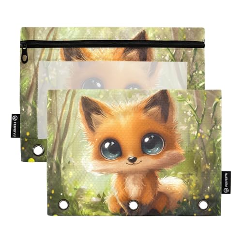 Fustylead Federmäppchen mit süßem großen Augen, Fuchs im Wald, passend für Standard-3-Ring-Ordner, Reißverschluss-Bleistifttasche mit transparentem Fenster für Büro, Schule, Kosmetik, 2 Stück, grün von Fustylead