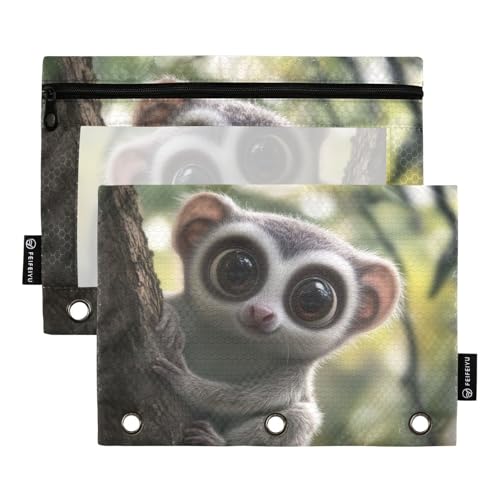 Fustylead Federmäppchen mit süßem großen Augen, Lemur im Wald, passend für Standard-3-Ring-Ordner, Reißverschluss-Bleistifttasche mit transparentem Fenster für Büro, Schule, Kosmetik, 2 Stück von Fustylead