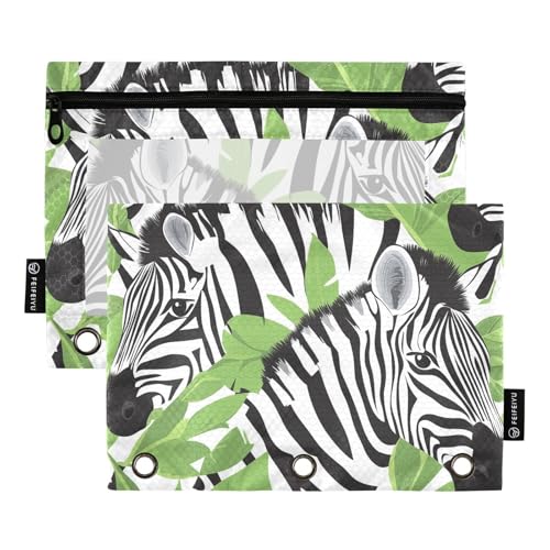 Fustylead Federmäppchen mit wildem Zebra-Tier und tropischer Palme, passend für Standard-3-Ring-Ordner, Reißverschluss-Bleistifttasche mit transparentem Fenster für Büro, Schule, Kosmetik, 2 Stück von Fustylead
