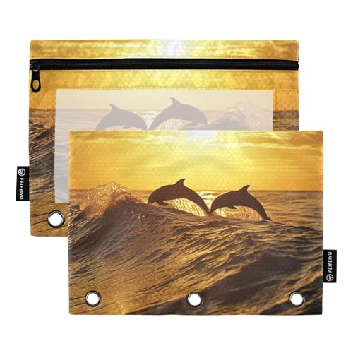 Fustylead Federmäppchen mit zwei Delfinen, die unter Sonnenuntergang aus dem Wasser springen, mit transparentem Fenster für 3-Ringbinder, Reißverschluss-Federmäppchen, Kosmetiktaschen für Schule, Büro von Fustylead