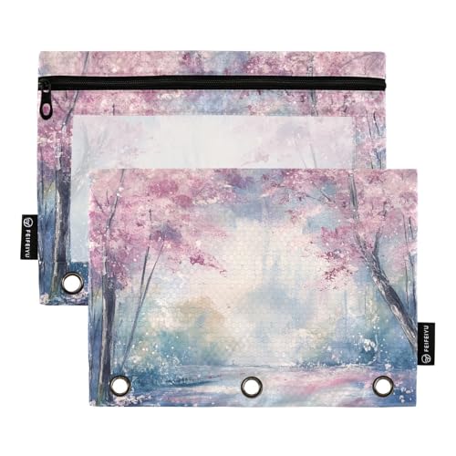 Fustylead Federmappe mit Kirschblüten-Landschaft, mit transparentem Fenster für 3-Ringbinder, Reißverschluss-Federmäppchen, Kosmetiktaschen für Schule, Büro, Kosmetik, Studenten, Zubehör, 2 Stück von Fustylead