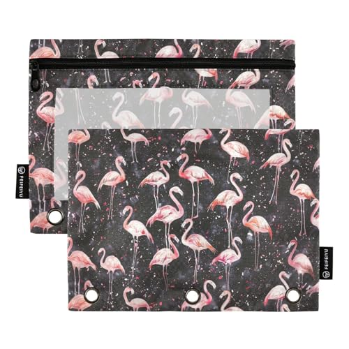 Fustylead Handbemalte rosa Flamingo-Bleistifttasche für 3 Ringe, Bleistiftbeutel mit Reißverschluss, transparentes Fenster für Schule, Büro, Kosmetik, Studenten, Zubehör, 2 Stück, grau von Fustylead