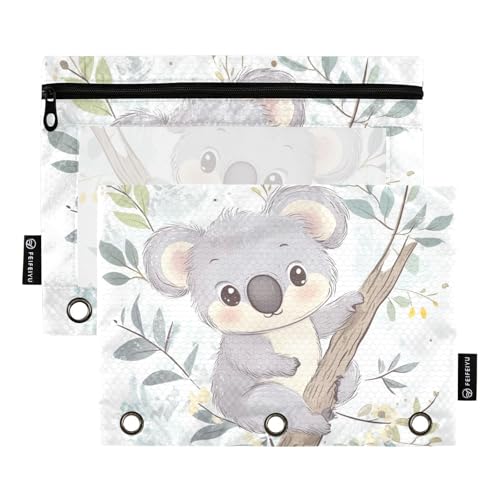 Fustylead Handzeichnen, niedliches Koala- und Dekor-Federmäppchen mit großem Fassungsvermögen, passend für 3-Ringbinder, wasserdichtes Federmäppchen mit transparentem Fenster für Schule, Kosmetik von Fustylead