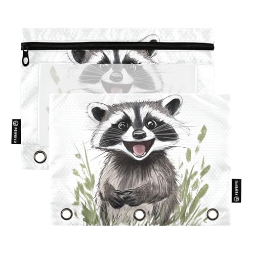 Fustylead Happy Cute Waschbär-Federmäppchen für 3-Ringbinder, Reißverschlusstasche mit transparentem Fenster, Federmäppchen für Zuhause, Büro, Schule, Kinder, Lieferanten, 2 Stück, weiß von Fustylead