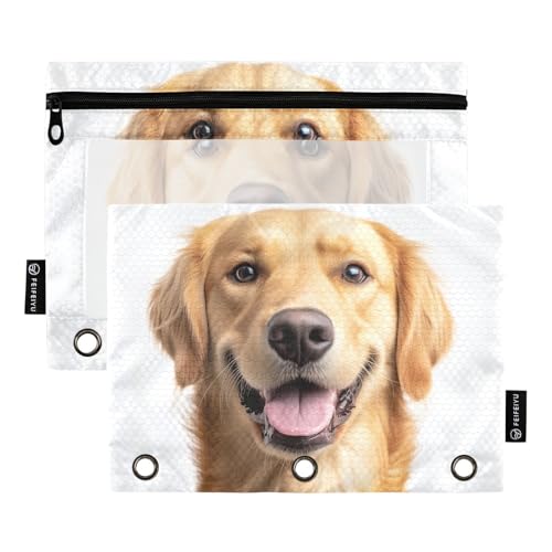 Fustylead Happy Golden Retriever Federmäppchen mit Hundegesicht, passend für Standard-3-Ring-Ordner, Reißverschluss-Bleistifttasche mit transparentem Fenster für Büro, Schule, Kosmetik, 2 Stück, weiß von Fustylead