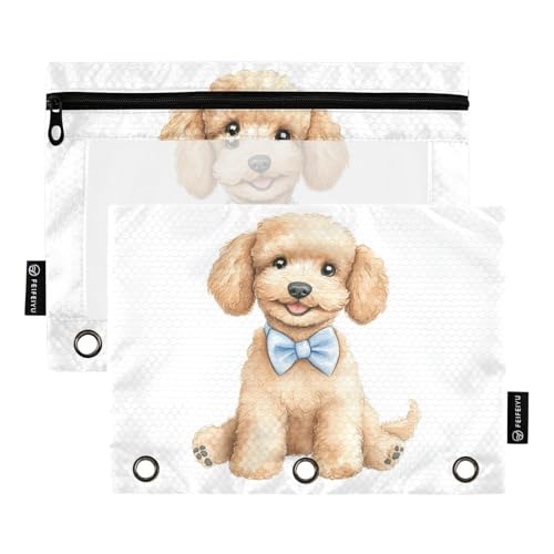 Fustylead Happy Poodle Federmäppchen für 3 Ringe, mit Reißverschluss, transparentes Fenster, für Schule, Büro, Kosmetik, Studenten, 2 Stück, weiß von Fustylead