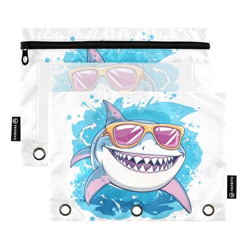 Fustylead Happy Shark Federmäppchen mit Sonnenbrille, transparentes Fenster für 3-Ringbinder, Reißverschluss-Federmäppchen, Kosmetiktaschen für Schule, Büro, Kosmetik, Studenten, Zubehör, 2 Stück von Fustylead