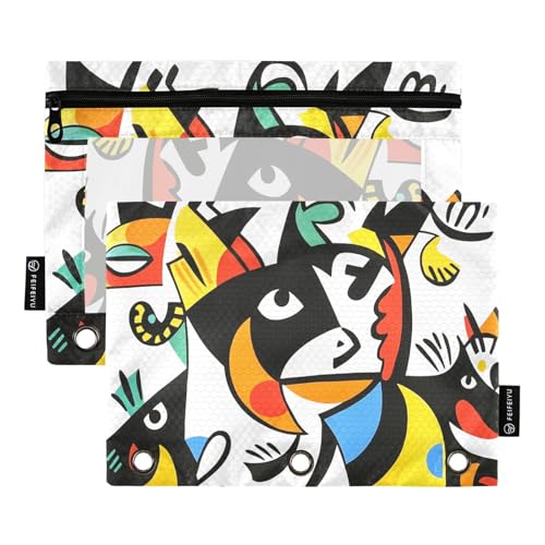 Fustylead Imaginary Animals Federmäppchen im Picasso-Stil, passend für Standard-3-Ring-Ordner, Reißverschluss-Bleistifttasche mit transparentem Fenster für Büro, Schule, Kosmetik, 2 Stück, weiß von Fustylead