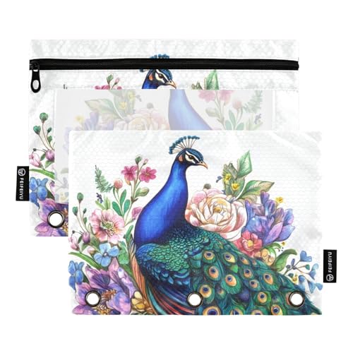 Fustylead Lebendiges Federmäppchen mit Pfau und Blume, passend für Standard-3-Ringbinder, Reißverschluss-Bleistifttasche mit transparentem Fenster für Büro, Schule, Kosmetik, 2 Stück, weiß von Fustylead