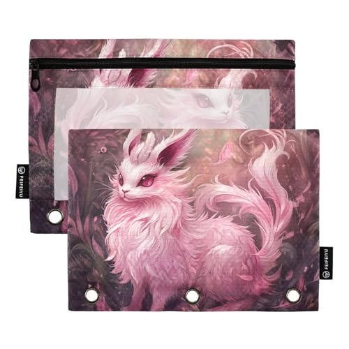 Fustylead Magisches rosa Federmäppchen mit Tiermotiv im Wald, passend für Standard-3-Ring-Ordner, Reißverschluss-Bleistifttasche mit transparentem Fenster für Büro, Schule, Kosmetik, 2 Stück, rose von Fustylead