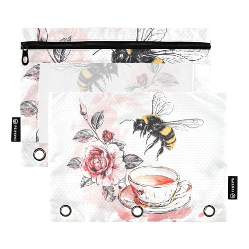 Fustylead Modische Hummel-Teetasse und Rosen-Federmäppchen für 3-Ringbinder, Reißverschlusstasche mit transparentem Fenster, Federmäppchen für Zuhause, Büro, Schule, Kinder, Lieferanten, 2 Stück, weiß von Fustylead