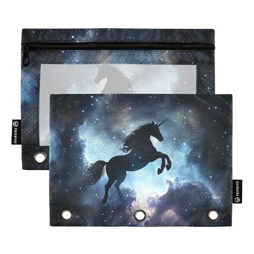 Fustylead Mysteriöse Einhorn-Silhouette im Galaxienebel, großes Fassungsvermögen, Federmäppchen für 3-Ringbinder, wasserdichtes Federmäppchen mit transparentem Fenster für Schule, Kosmetik, Büro von Fustylead