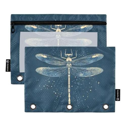 Fustylead Mysterious Beautiful Libellen-Federmäppchen für 3-Ringbinder, Reißverschlusstasche mit transparentem Fenster, Federmäppchen für Zuhause, Büro, Schule, Kinder, Lieferanten, 2 Stück, blau von Fustylead