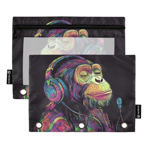 Fustylead Neon Affe mit Kopfhörern, Musikhören, große Kapazität, Federmäppchen für 3-Ringbinder, wasserdichtes Federmäppchen mit transparentem Fenster für Schule, Kosmetik, Büro, Studenten, Zubehör, 2 von Fustylead